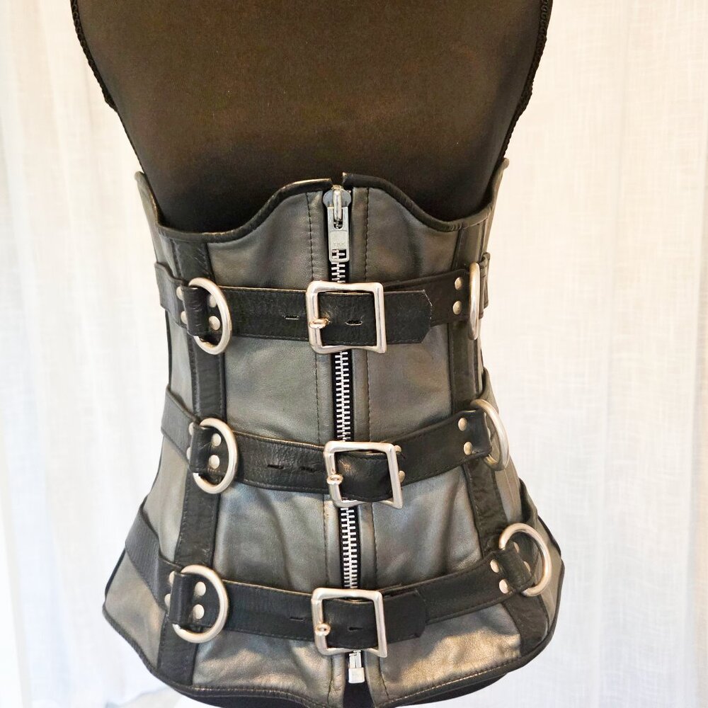 Vintage 90s Silver & Black Stormy Leather Bondage Corset